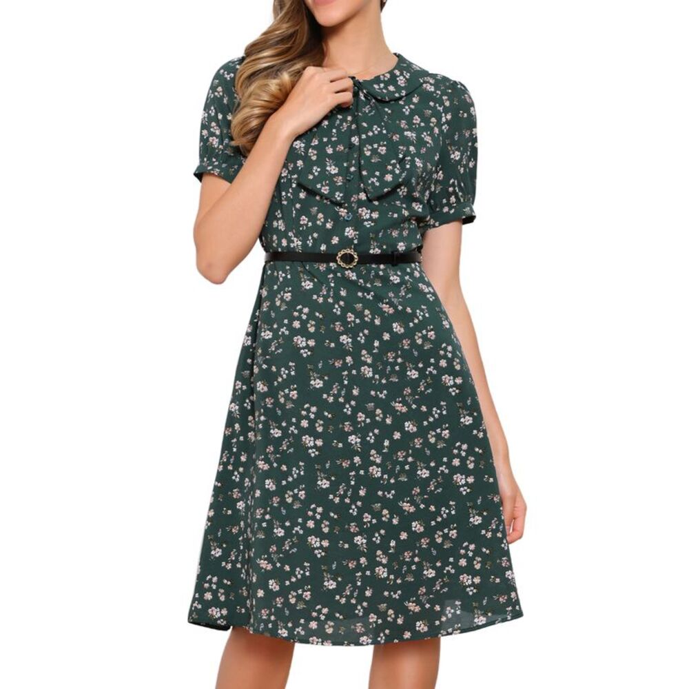 Peter Pan Collar Short Sleeves A-Line Belted Floral Dress Green